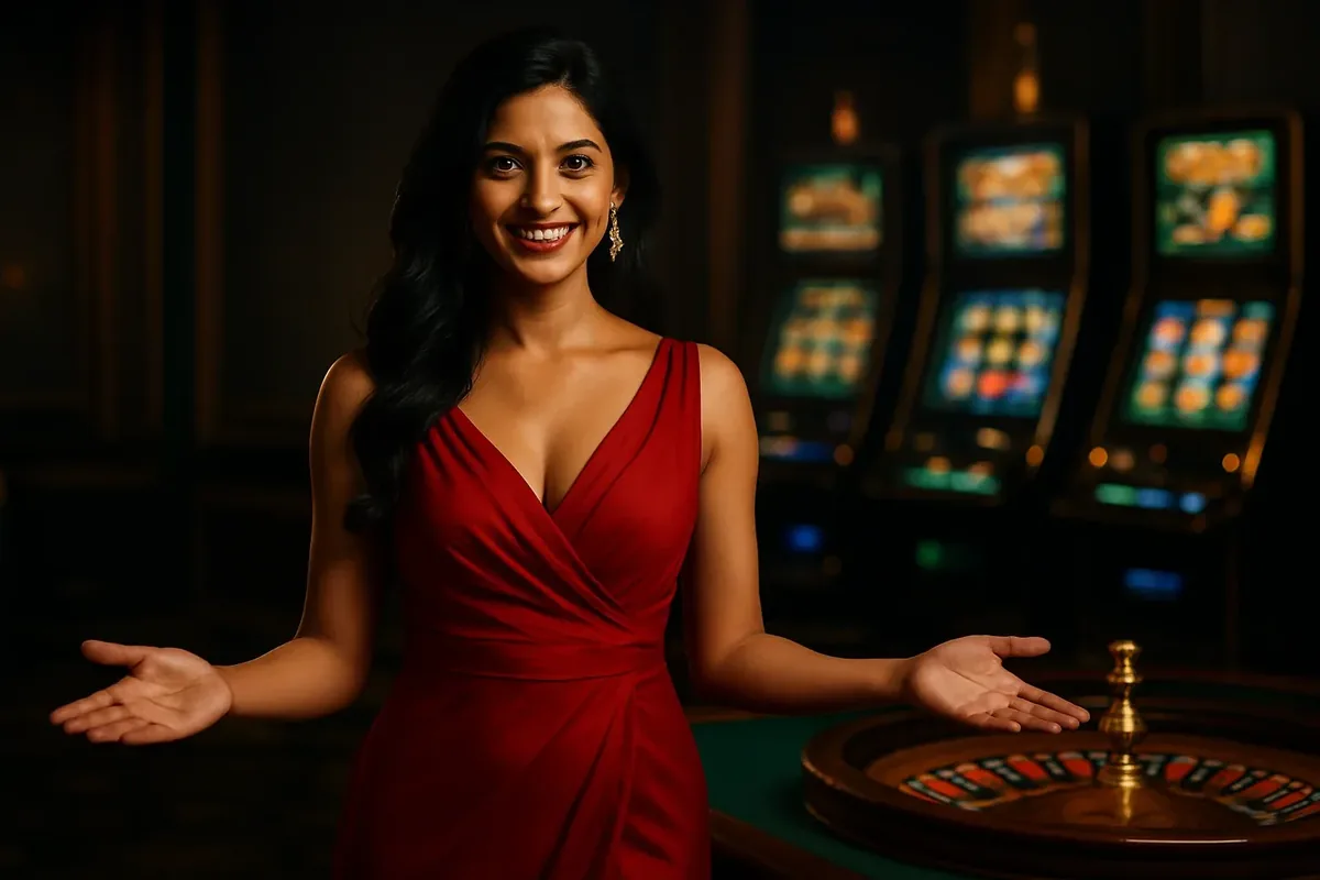 Beautiful Indian woman in red dress near roulette and slot machines in bright casino
